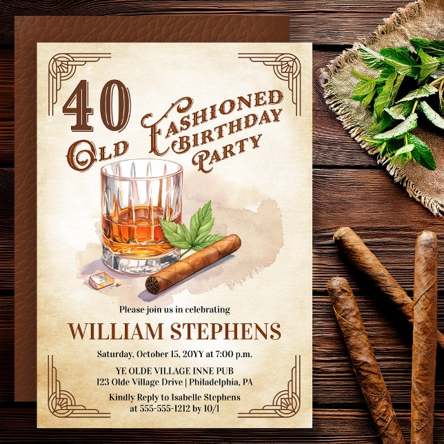 Convite 40th Old Fashioned Whiskey Cigar Birthday Party (Old Fashioned whiskey 40th birthday invitation with vintage masculine style)