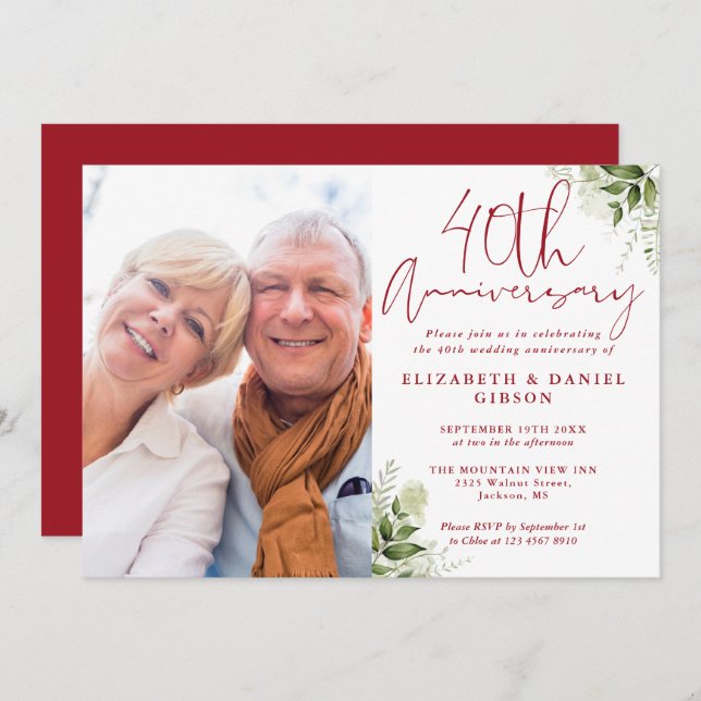 Convite 40th Wedding Anniversary Floral Greenery Photo (Frente/Verso)