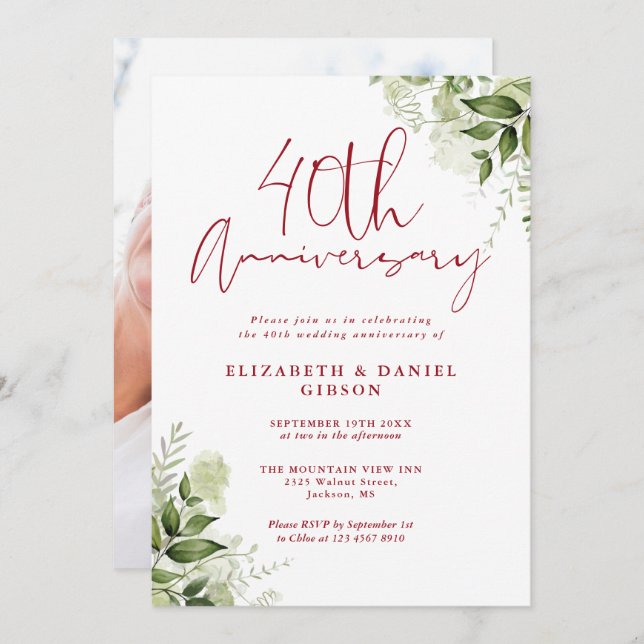 Convite 40th Wedding Anniversary Greenery Floral Photo (Frente/Verso)
