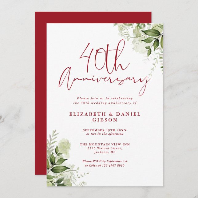 Convite 40th Wedding Anniversary Greenery Ruby Script (Frente/Verso)