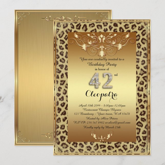 Convite 42º, Festa de aniversário 42º, Royal Cheetah gold  (Frente/Verso)