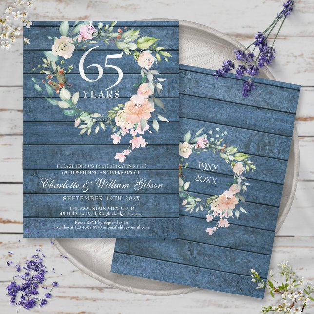Convite 45º 65º Aniversário de Casamento Floral Azul Rústi (45th 65th Wedding Anniversary Floral Blue Rustic Invitation)