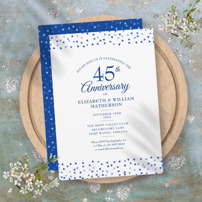 Convite 45º aniversário 65 anos Sapphire Blue Love Hearts (45th 65th Anniversary Sapphire Blue Love Hearts Invitation)