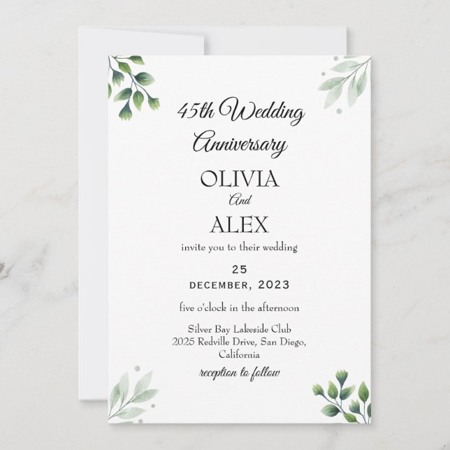 Convite 45º aniversário de casamento da Green Leaf (Frente)