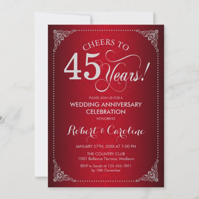 Convite 45º Aniversário de Casamento - Damasco Prata Verme (Frente)
