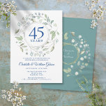 Convite 45º aniversário do casamento Laurel Greenery<br><div class="desc">Um terreno decorativo verde rodeia uma fronteira circular com 45 ou 65 anos de tipografia azul safira. Abaixo,  os detalhes do evento de aniversário são definidos em texto elegante clássico. O reverso apresenta o conjunto de nomes de casais casados dentro de uma vila floral correspondente. Projetado por Thisnotme©</div>