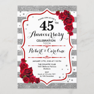 Convite 45º Aniversário - Rosas Vermelhas Brancas Prateada