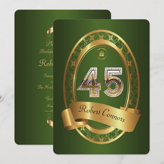 Convite 45º,festa de aniversário homem, elegante cor (Frente/Verso)