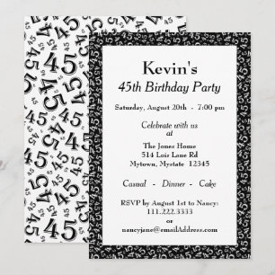 Convite 45º Padrão de Festa de aniversário, preto/branco