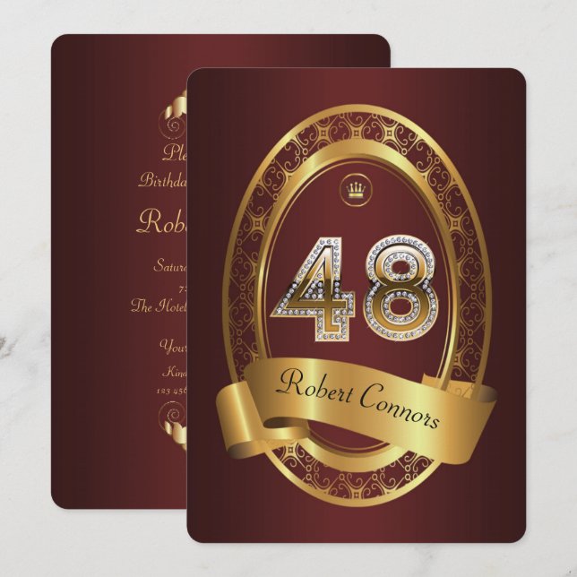 Convite 48º,festa de aniversário, elegante (Frente/Verso)