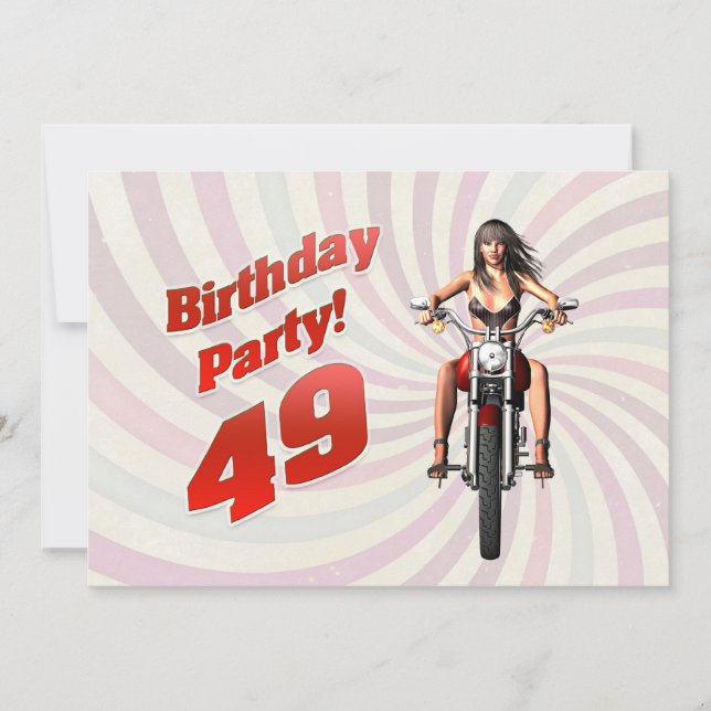 Convite 49ª festa de aniversário com uma moça numa moto (Frente)