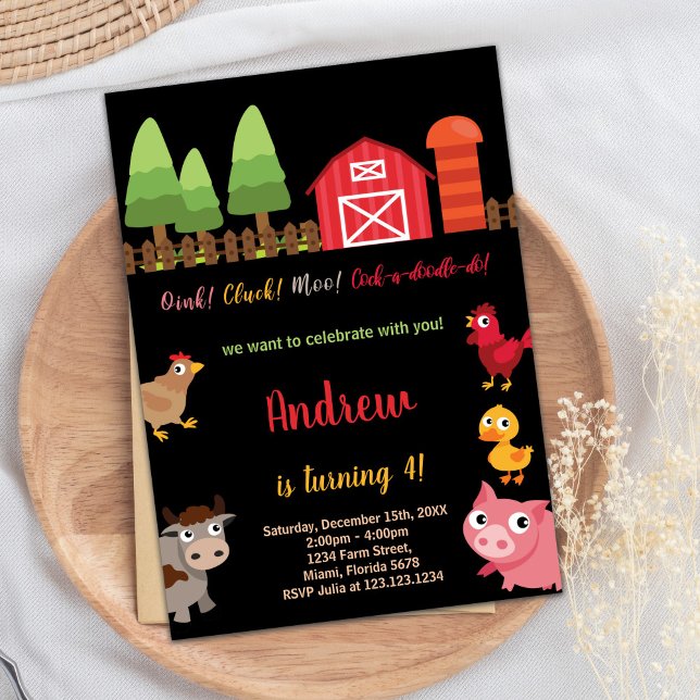 Convite 4.º Aniversário de Animais da Fazenda Vermelha Neg (4th Black Red Farm Animals Birthday Invitations)