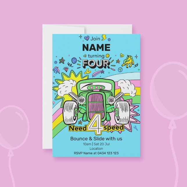 Convite 4.º aniversário do Rainbow Hot Rod precisa de 4 ve (Criador carregado)