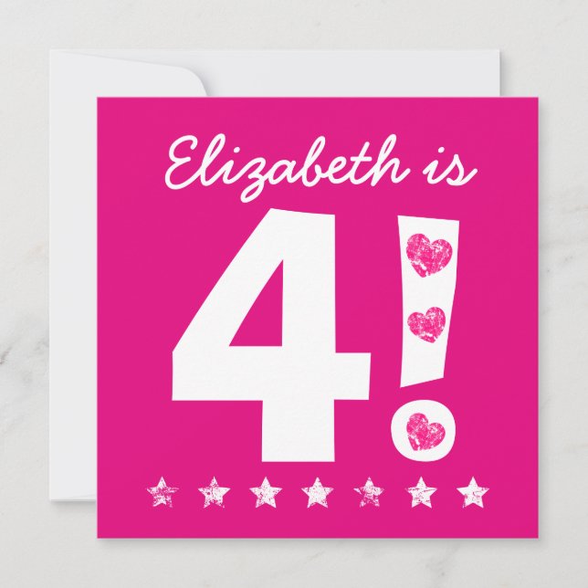 Convite 4.º Aniversário Nome Personalizado Rosa para a MEN (Frente)