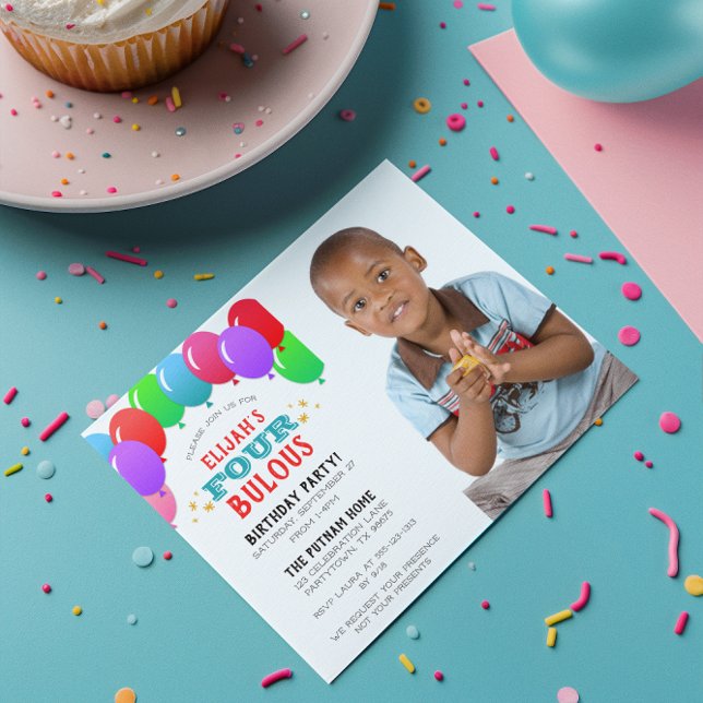 Convite 4.º Balão Azul - 4.º aniversário Foto Azul (Criador carregado)