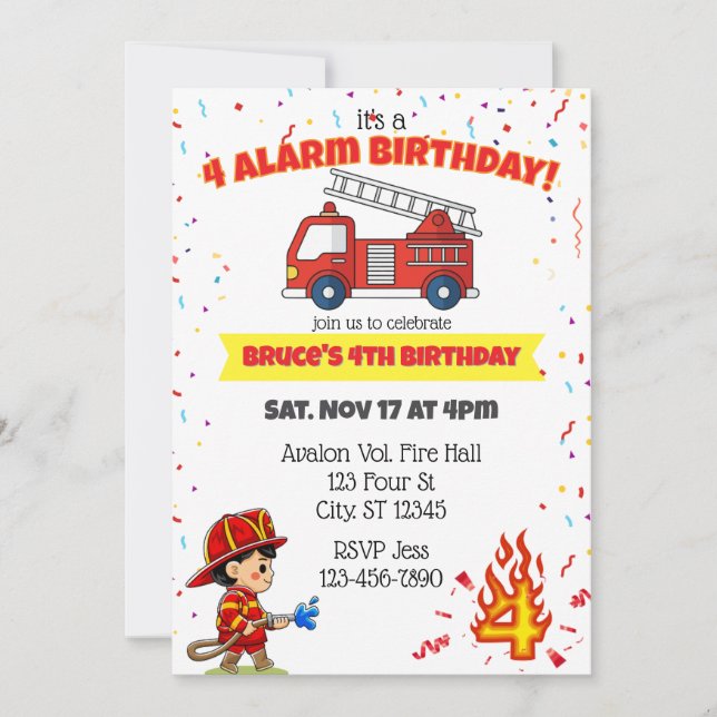 Convite 4 Alarm Fire Fighter 4th Birthday (Frente)