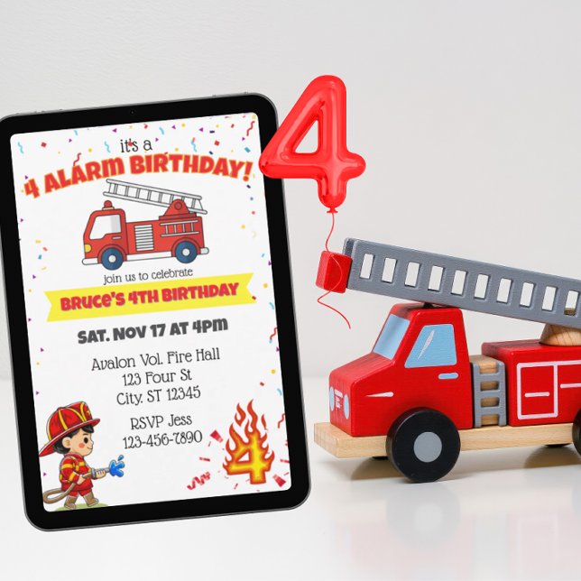 Convite 4 Alarm Fire Fighter 4th Birthday (Criador carregado)