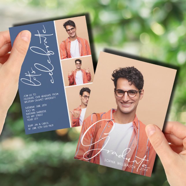 Convite 4 Azul de Graduação de Colagem de Fotos (4 Photo Collage Graduation Blue Invitations)