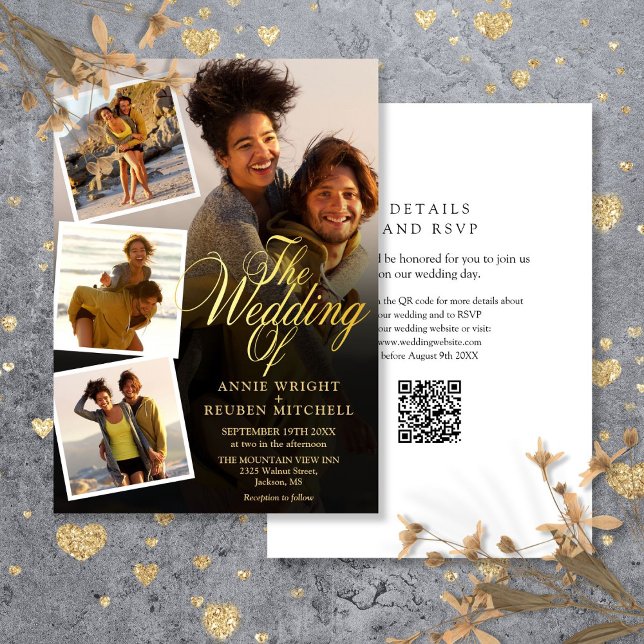 Convite 4 Colagem de Fotos Código QR Script Dourado Casame (4 Photo Collage Gold Script QR Code Wedding Invitation)