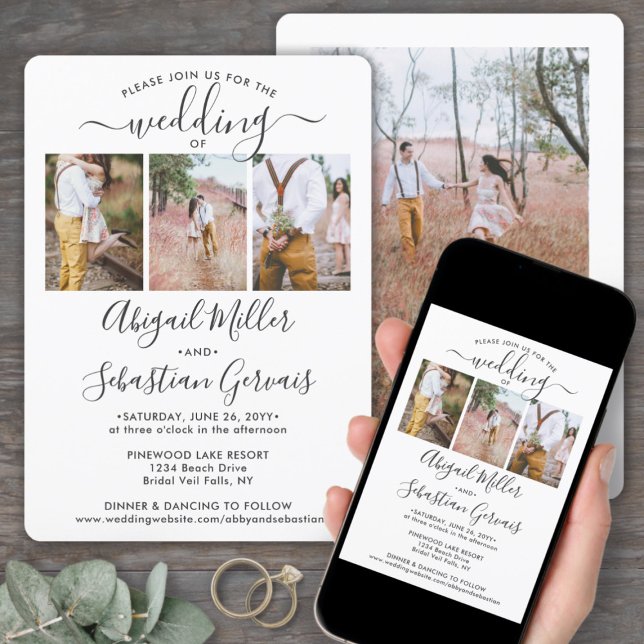 Convite 4 Colagem de Fotos Simples Casamento de Script Ele (Criador carregado)