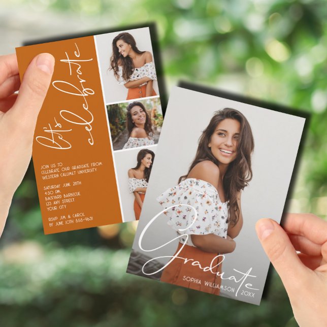 Convite 4 Cor de Foto Laranja Queimada (4 Photo Collage Graduation Burnt Orange Invitations)