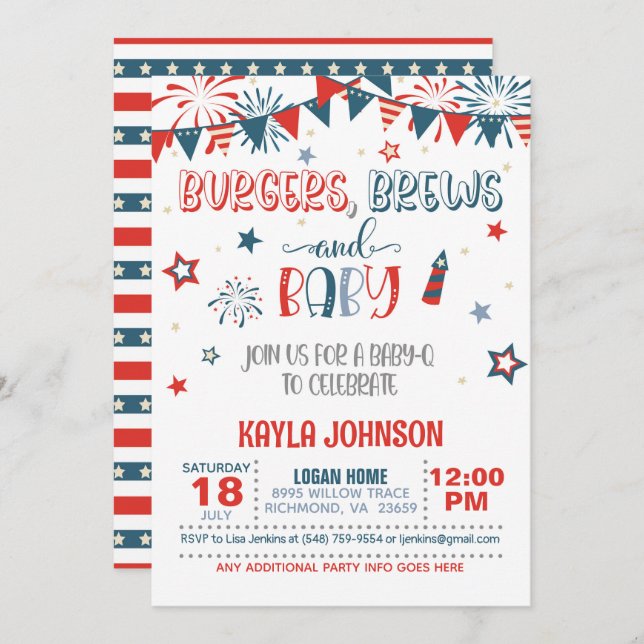 Convite 4 de julho Bebê Chá de fraldas Q (Frente/Verso)