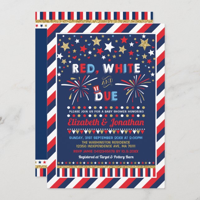 Convite 4 de julho Chá de fraldas Patriótico Quarto de jul (Frente/Verso)