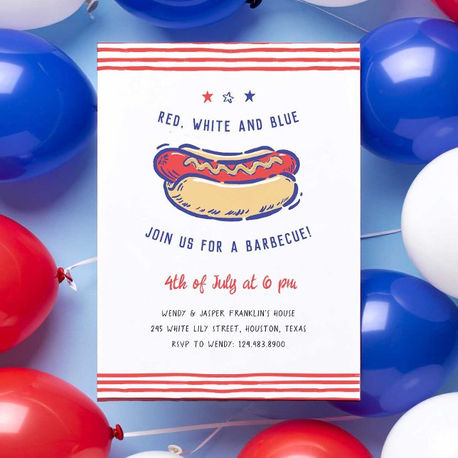 Convite 4 de julho CHURRASCO do Partido Quirky Drawn (Hot dog BBQ 4th of July party invitation)