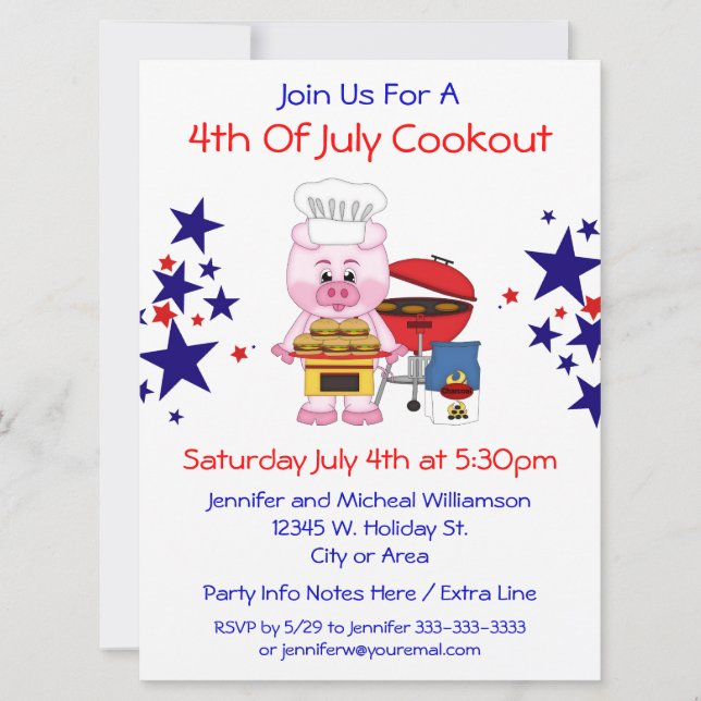 Convite 4 de julho Cookout Funny Pig Hamburgers e Estrelas (Frente)