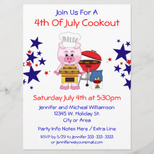 Convite 4 de julho Cookout Funny Pig Hamburgers e Estrelas