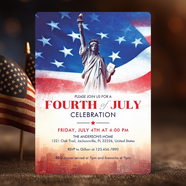 Convite 4 de julho Estátua da Liberdade e dos EUA Flag Vin (July 4th Statue of Liberty & USA Flag Vintage Art Invitation)