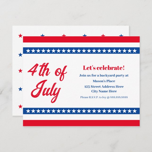 Convite 4 de julho, estrelas e tiras brancas e azuis (Frente/Verso)