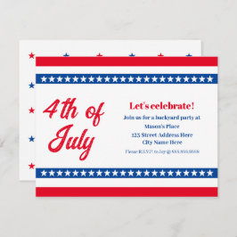 Convite 4 de julho, estrelas e tiras brancas e azuis