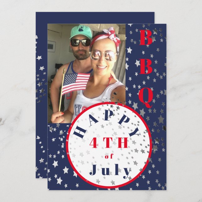 Convite 4 de julho Foto Red White Blue Stars CHURRASCO (Frente/Verso)