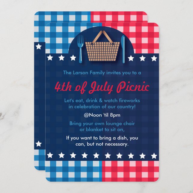 Convite 4 de julho Gingham Picnic Invtions (Frente/Verso)
