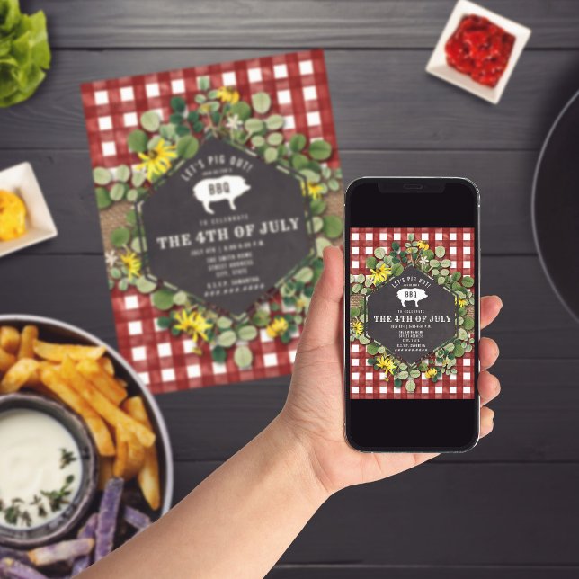 Convite 4 de julho Partido Gingham Vermelho de Pig Wildflo (Criador carregado)