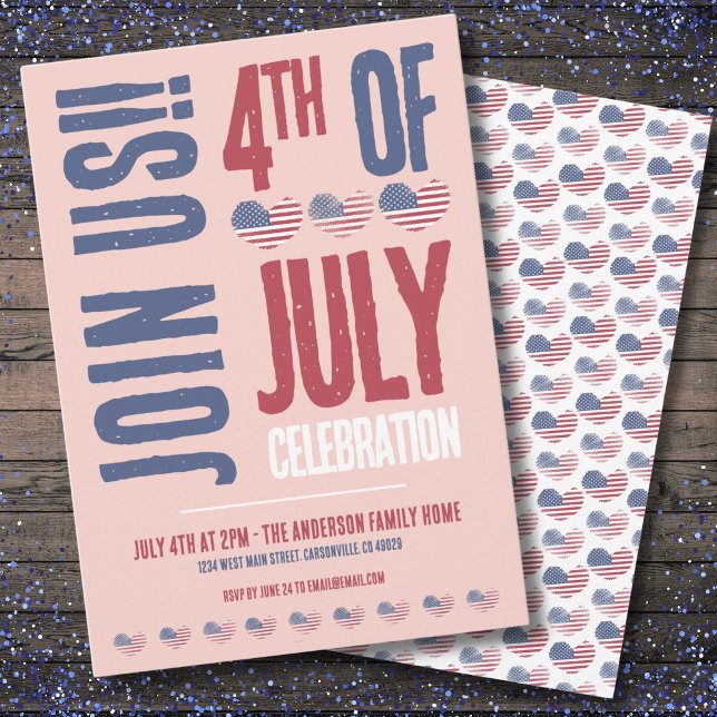 Convite 4 De Julho Partido Red White Blue Patriótico (Cute USA American Flag Heart 4th Of July Party Invitation)