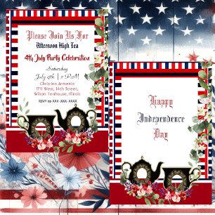 Convite 4 de julho Strips Vintage Teapot Tarde Alto Chá