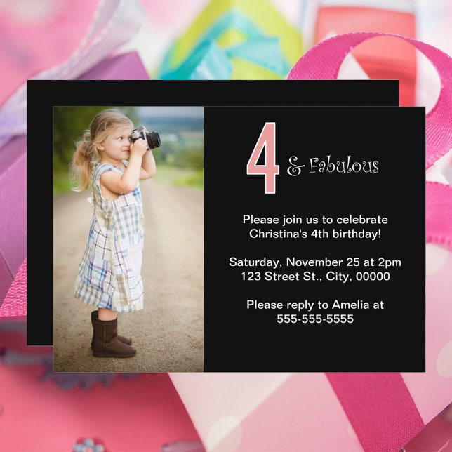 Convite 4 e Fabuloso Dia de Foto Personalizado (A cute birthday party invitation that says 4 and fabulous)
