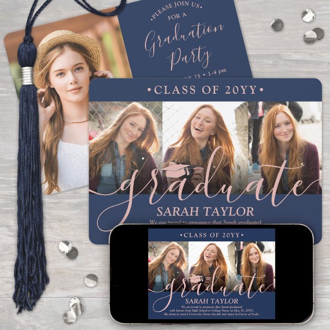 Convite 4 Festa de formatura de fotos, Marinho azul e scri (Criador carregado)