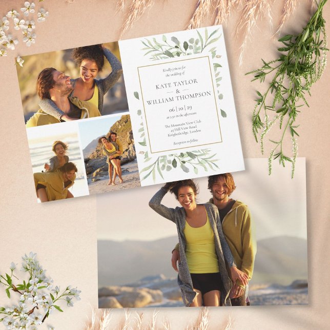 Convite 4 Foto Folhas de Verdura Botânica Casamento (4 Photo Botanical Greenery Leaves Wedding Invitation)
