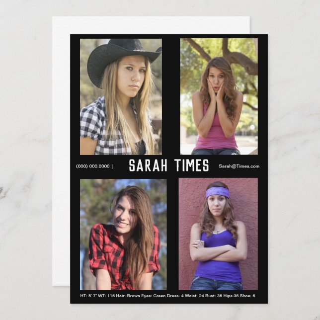 Convite 4 Foto Modelo Ator Comp Card Black Modelo (Frente/Verso)