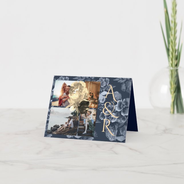 Convite 4 Fotografias Marinho Azul e Ouro Floral Casamento (Frente)