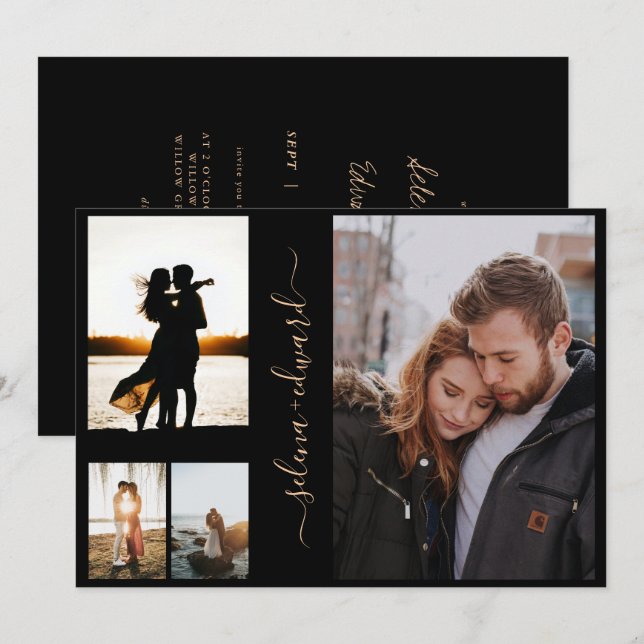 Convite 4 Fotos: Casamento Dourado de Script Preto em Grad (Frente/Verso)