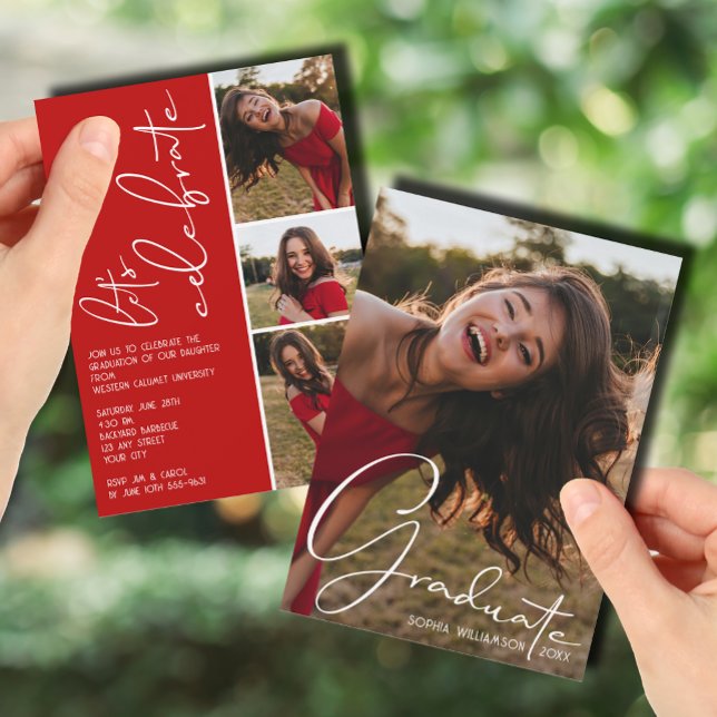 Convite 4 Graduação de Colagem de Fotos Vermelho Escarlate (4 Photo Collage Graduation Scarlet Red Invitations)