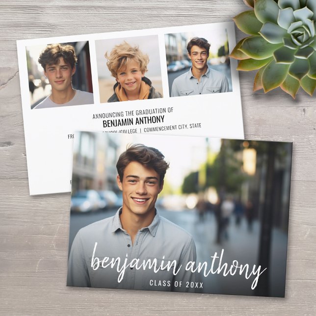 Convite 4 Nome da Colagem de Fotos em Script - Graduação (Custom Graduation Announcement)