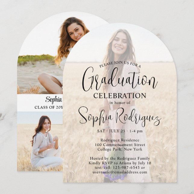 Convite 4 Photo Modern Script Overlay Graduation Party (Frente/Verso)