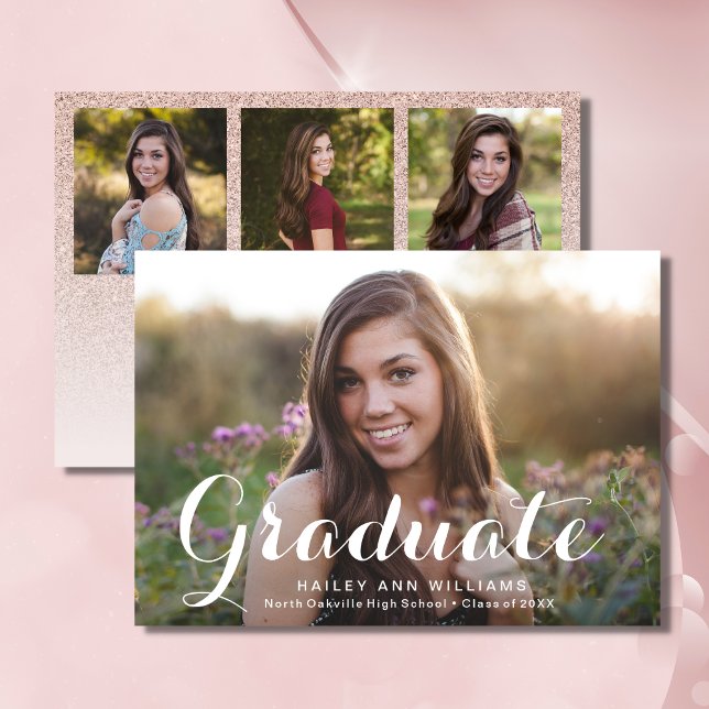 Convite 4 Photo Trendy Pink Chic Graduation Party (Rose Gold Graduation Invitation )