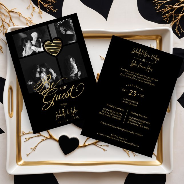 Convite 4 Photos Heart Fake Golden Black Trendy  (Exquisite Collage 4 Photos Golden Stylish Heart Black Wedding Invitations Card with Elegant Script.)