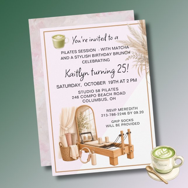Convite 4 Pilates & Matcha (qualquer idade) Evento de Aniv (Criador carregado)